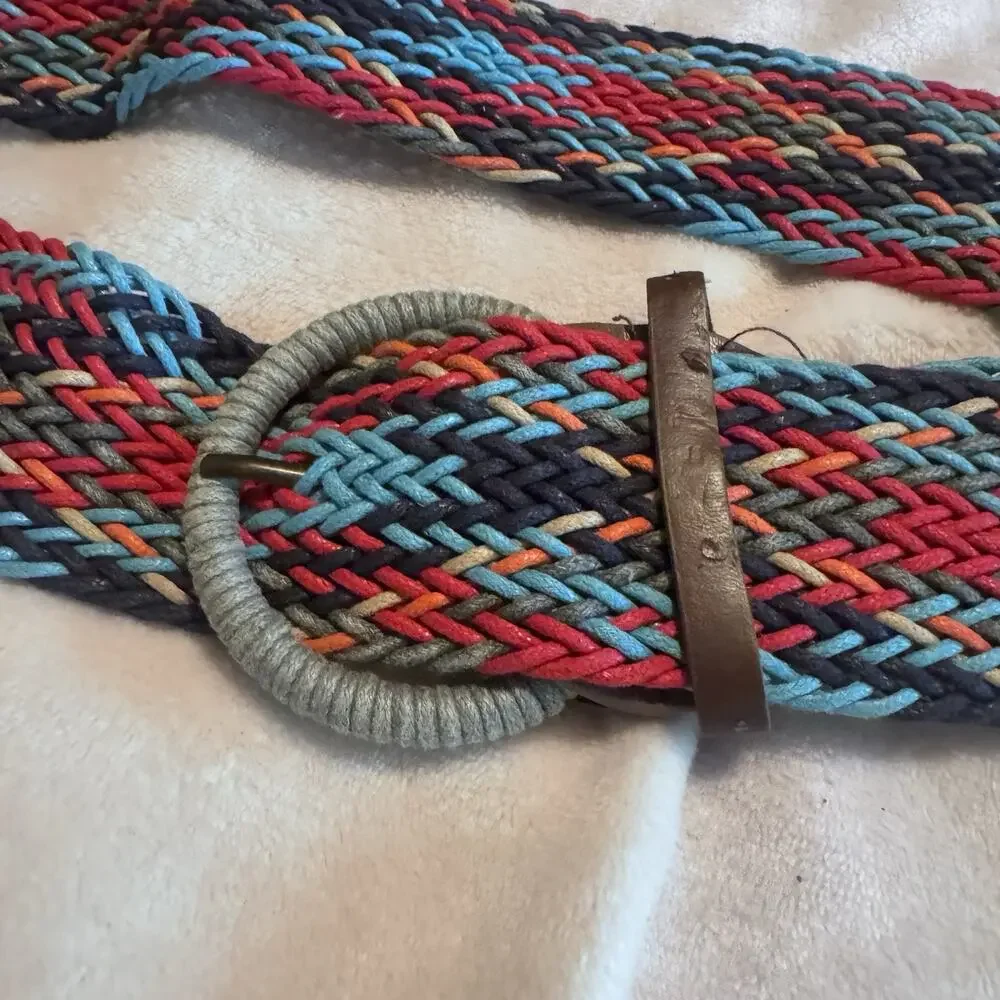 Vintage Womens Braided Belt Woven Turquoise Red Grey Colorful Sz L Wide Western‎